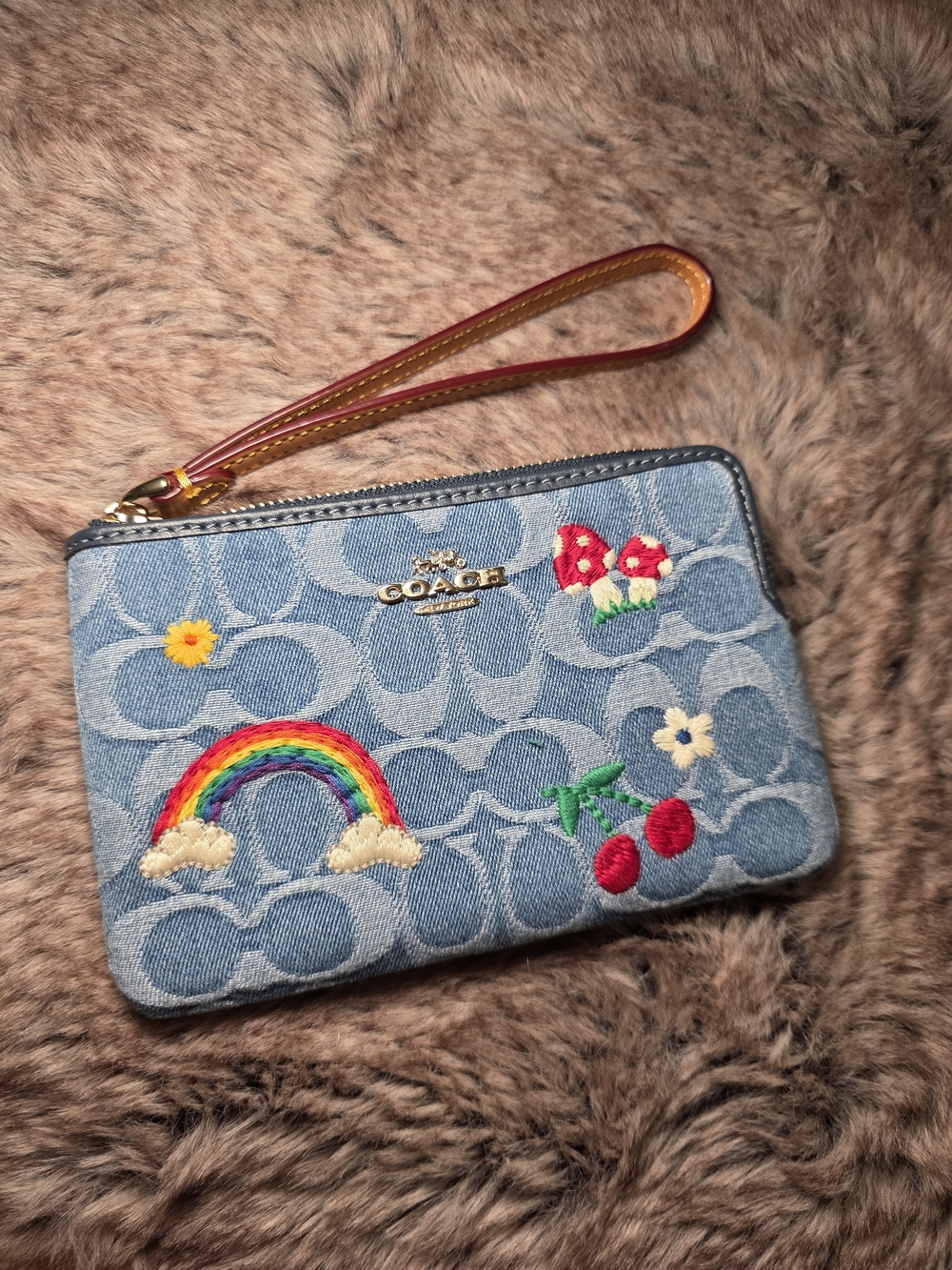 Coach Signature Denim Wristlet with Embroidery